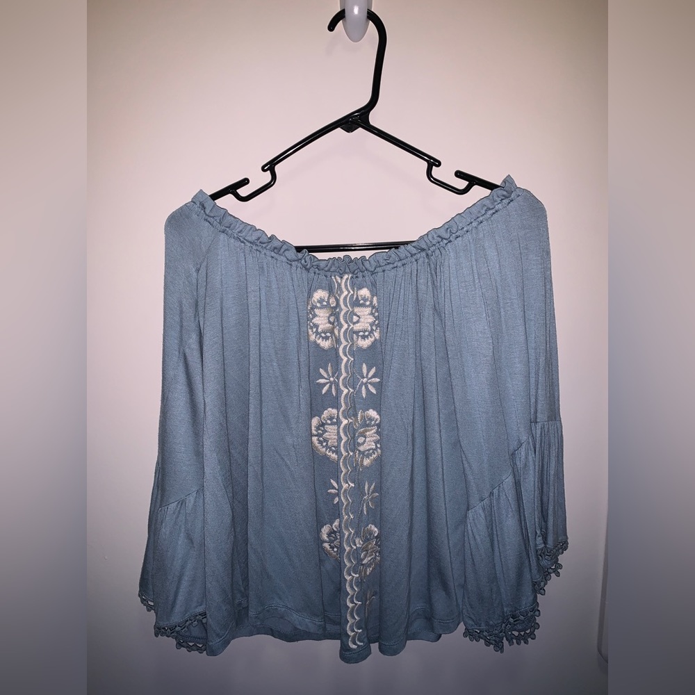 Altar’d State Long-Sleeved Off the Shoulder Gray-ish Blue Top